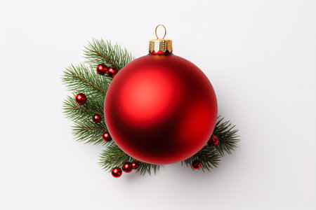 Isolated, festive Xmas pine twigs and a red bauble on a white background.の素材