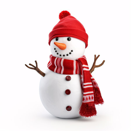 A snowman wearing a Santa cap and scarlet scarf is alone on a white backdrop.の素材