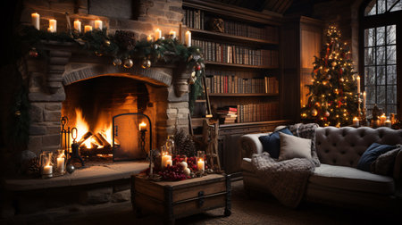 Festive and Cozy Christmas: A beautifully decorated living room with a roaring fireplace, adorned with twinkling lights and stockings hung by the chimneyの素材