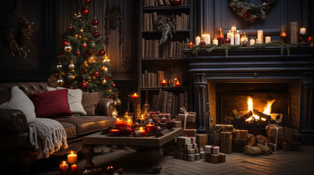 Festive and Cozy Christmas: A beautifully decorated living room with a roaring fireplace, adorned with twinkling lights and stockings hung by the chimneyの素材