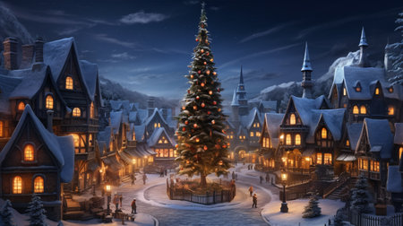 Christmas village with Christmas tree. Winter snowy small cozy street with lights in houses. Winter holidays night time backdrop. Merry Christmas vintage retro illustration background.の素材