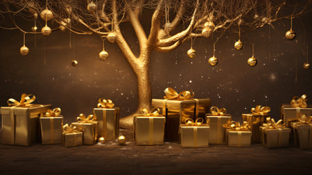 Golden Christmas presents arranged beautifully under a glittering tree - ideal for adding a touch of luxury to your holiday marketing materialsの素材