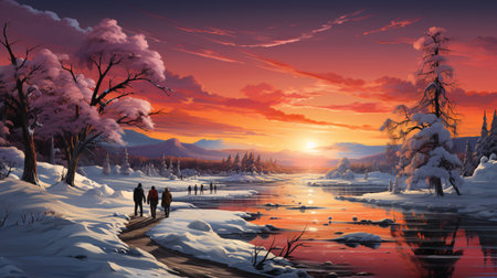 Magical Christmas Winter Wonderland: A stunning snowy landscape with snow-covered trees, a frozen lake reflecting the colorful sunsetの素材