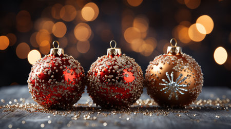 Sparkling Christmas ornaments Christmas balls on a snowy background. Copy space.の素材
