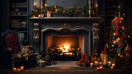 Cozy fireplace adorned with stockings and garlands, creating a warm and inviting atmosphereの素材