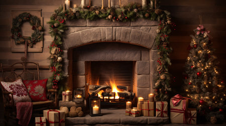 Cozy fireplace adorned with stockings and garlands, creating a warm and inviting atmosphereの素材