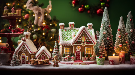 Christmas house made from ginger cookies with ginger man outside decorated in Christmas spirit with tree in backgroundの素材