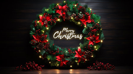 Vibrant red and green Christmas wreath with twinkling lights, signaling the arrival of joyous celebrationsの素材