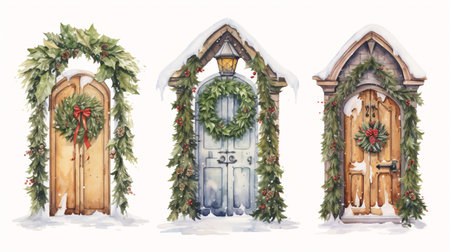 Christmas home decoration set, Christmas wreath on the door in winter, art illustration painted with watercolors isolated on white backgroundの素材