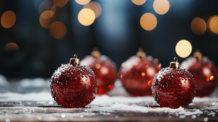 Sparkling Christmas ornaments Christmas balls on a snowy background. Copy space.の素材