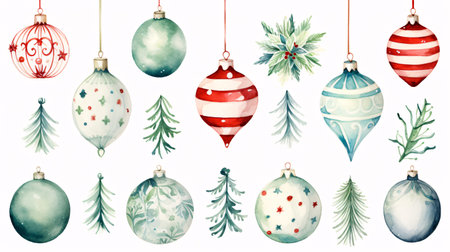 Set of creative Merry Christmas balls for Christmas tree decoration. Watercolor collection.の素材