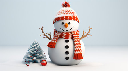 A frosty figure with crimson scarf and festive chapeau atop a deserted white backdrop.の素材
