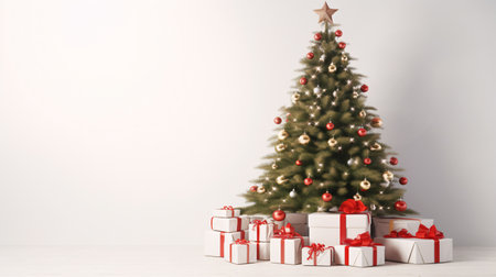 A festive fir adorned with presents on a pale backdrop.の素材