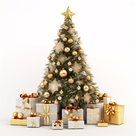 A Yuletide tree adorned with presents on a pallid backdrop.の素材