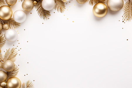 Gleaming gold Xmas decor on a white background creates a festive postcard/invitation concept with room for text.の素材