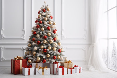 A white backdrop showcasing a festive, embellished Christmas tree and presents.の素材