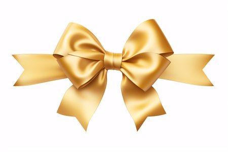 A golden bow with ribbon, symbolizing festive gift-giving, is cut out of a white background.の素材