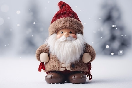 Isolated, handmade Santa Claus-inspired toy on a soft, snowy background symbolizes the New Year.の素材