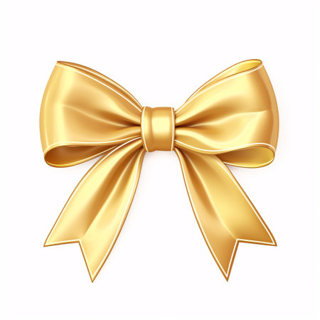 A gold bow with ribbon, isolated on a white background, representing a decorative gift for special occasions such as Xmas, Valentine's Day, or birthdays.の素材