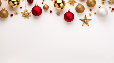 Christmas flat lay concept featuring isolated fir branches, golden and red ornaments, and stars on a white backdrop.の素材