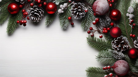 A Christmas wreath lies above a whitened surface, providing a creative copy space.の素材
