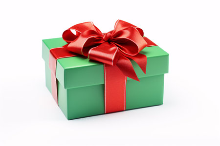 A green and red present-filled box, with a band and a knot, standing alone.の素材