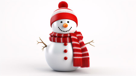 A snowman, wearing a red scarf and Santa-style headdress, stands against a white backdrop.の素材