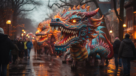 A joyous, fantastical dragon procession with vibrant floats, merry entertainers, and an effervescent ambience, enlivening the Yuletide thoroughfares.の素材