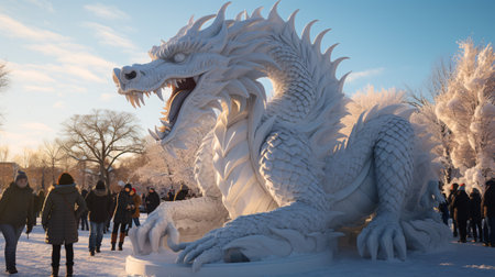 Winter festivities inspired by dragons, including ice sculptures.の素材