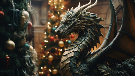 A Dragon-adorned tree with quirky baubles and sparkling lights conjured up a wondrous Yuletide aura.の素材
