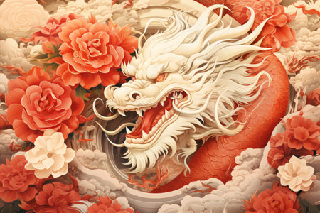 A splendid Chinese New Year of the Dragon illustration displaying an imposing dragon decorated with elaborate designs, unifying custom and contemporary artistic style for a serene commemoration of culture and imagination.の素材