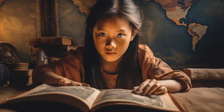 An Asian girl studying intently, her eyes focused on a book with determination. Back to school concept. School girlの素材