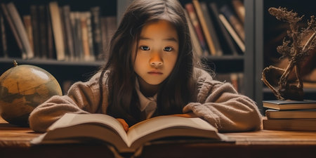 An Asian girl studying intently, her eyes focused on a book with determination. Back to school concept. School girlの素材