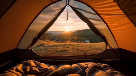 A tent flap is unzipped, revealing a glimpse of a cozy interior and beautiful view outsideの素材