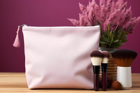 Blank canvas makeup bag mockup on a pastel background. Natural loght. Template for custom design.の素材
