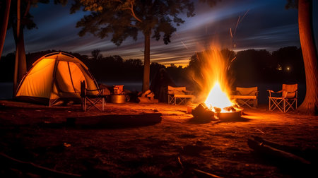 campfire flickering in the night, casting dancing shadows on the surrounding treesの素材