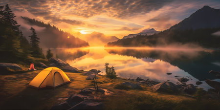 A breathtaking view of a lakeside campsite at dawn, with mist gently rising from the water's surface.の素材