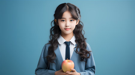 Portrait of young fun smart happy little cute asian girl with apple isolated on pastel background with copy space studio shot. Back to school concept.の素材