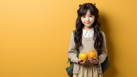 Portrait of young fun smart happy little cute asian girl with apple isolated on pastel background with copy space studio shot. Back to school concept.の素材
