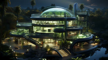 A futuristic house design with landscaped gardens. Green Villa.の素材