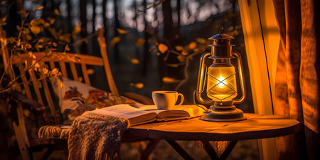 Cozy camping scene with a glowing lantern hanging from a tree branch, illuminating the area around it. The lantern casts a soft golden light on a rustic camping chairの素材