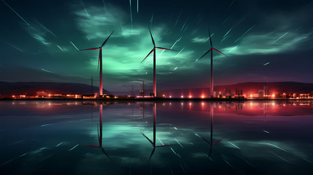 Landscape with wind turbines. Green energy concept, wind turbine silhouettes. Renewable energy, clean electricity production. Eco-friendly wind energy.の素材