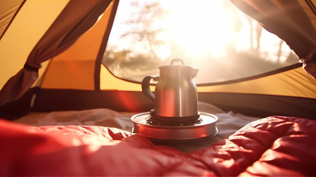 A tent flap is unzipped, revealing a glimpse of a cozy interior and beautiful view outsideの素材