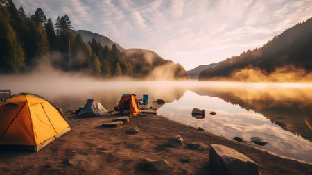 breathtaking view of a lakeside campsite at dawn, with mist gently rising from the water's surface.の素材