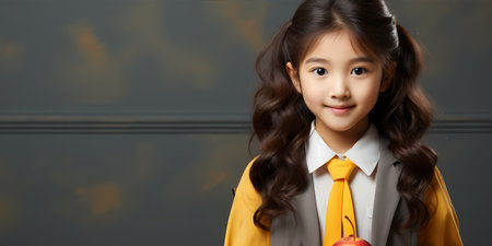 Portrait of young fun smart happy little cute asian girl isolated on pastel background with copy space studio shot. Back to school concept.の素材