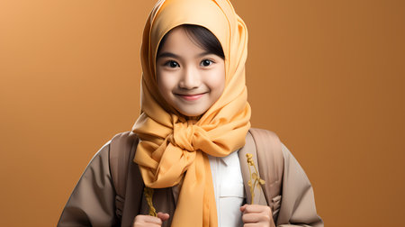 Smiling young Asian Muslim woman student with backpack, aside at copy space isolated on background. back to school concept.の素材
