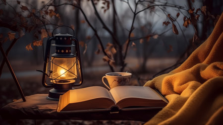 Cozy camping scene with a glowing lantern hanging from a tree branch, illuminating the area around it. The lantern casts a soft golden light on a rustic camping chairの素材