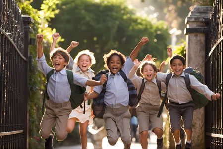 Students excitedly rushing through the school gate, carrying colorful backpacks and waving goodbye to their parents. Back to schoolの素材
