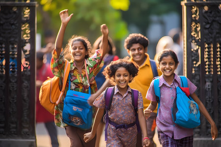Students excitedly rushing through the school gate, carrying colorful backpacks and waving goodbye to their parents. Back to schoolの素材