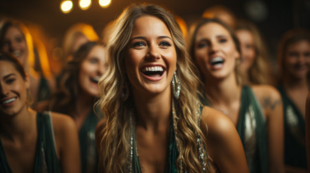Group of Beautiful woman friends sitting on sofa watching soccer game competition on television together. Happy female soccer fans cheering victory.の素材